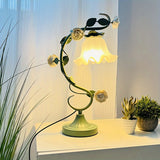 Yeknu  Traditional Style Energy-Efficient Table Lamp with Matte Finish, Floral Theme, Lacquered Metal & Plastic Base, Ceramic Rose Accents, Push Button Control, Downlight Bedroom Lamp, Art Shade Design, USB Powered - Handcraf