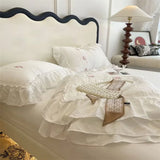 Yeknu  Princess style soft seersucker four-piece bedding set for girls floral bedding lace quilt cover dormitory bed sheet three-piece