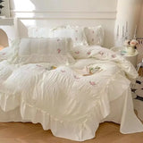 Yeknu  Princess style soft seersucker four-piece bedding set for girls floral bedding lace quilt cover dormitory bed sheet three-piece