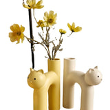 Yeknu Ceramic Cartoon Cat Vase Matte U Shape Cream Aesthetic Vase Home Decoration Vase Flowerpot Living Room Desktop Decoration