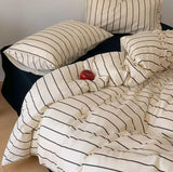 Yeknu  Ins Dopamine Korean Striped Washed Cotton Four-piece Bedding Set Cream Style Bed Sheet Quilt Cover Three-piece Set