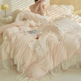 Yeknu  French Princess Style Bedding Sets Ruffle Lace Bow Quilt Cover Romantic Bedclothes Decor Woman Girls Bedroom Duvet Cover 4pcs