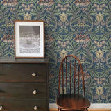 Yeknu  Morris Flower Wallpaper in Blue Color, Peel & Stick Wall Paper with Vintage damask Floral pattern, Nursery Wallpaper, Self-Adhes