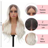 Yeknu  26 Inch Body Wave Lace Front Wigs 13x1 T Part Lace Front Daily Wigs Ombre White Synthetic Hair Wigs Glueless Lace Wigs