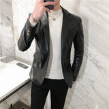 Yeknu Blazer Hombre PU Leather Jackets Men Fashion Solid Slim Fit One Button Business Casual Blazers For Men Korean style Suit Jacket
