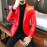 Yeknu Blazer Hombre PU Leather Jackets Men Fashion Solid Slim Fit One Button Business Casual Blazers For Men Korean style Suit Jacket