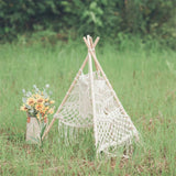 Yeknu Nordic Style Hand-woven Macrame Tapestry Tent with Wooden Stick Holder Kids Cotton Rope  Net Tent Photography Bohemia Decoration