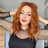 Yeknu  Short Wavy Curly Bob Wigs for Women Ginger Orange Shoulder Length Middle Part Copper Natural Wave Heat Resistant Cosplay Party