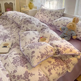 Yeknu Ins Bedding Set Purple Love Stripe Double Layer Yarn Four Piece Dormitory Girl Heart Bed Sheet And Quilt Set Washed Cotton