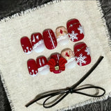Yeknu  10pcs Christmas New Year Coffin Press on Nails Handmade White Snowflake Nail Red 3D Bowknot False Nails Pearl French Fake Nails