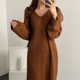 Knitted Autumn Winter V-Neck Dress Women Korean Style Loose Fashion Split Ladies Dresses Casual Woman Long Dress