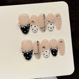 Yeknu  10Pcs Black Dot Press On Nails With Rhinestones Design Oval Head False Nails Sweet Cool Handmade Artificial Nail Tips