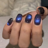 Yeknu 24Pcs Rainbow Color Glow Cat Eye Press on False Nails with Glue Glitter Short Square Nails Sweet Cool Gradient Summer Fake Nails