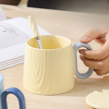 Yeknu  Chinese Style Ceramic vertical stripe Tea Mugs, Home Personal Office Creative With Cover Spoon Milk Water Coffee Cup, 320ml, 1Pc