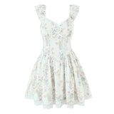 Yeknu  Jastie Sweet Girl Lace Spliced Floral Print Mini Dress Women Elegant A-line Flying Sleeve Summer Dresses Holiday Robe