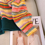 Yeknu  Women Rainbow Striped Cardigan Sweater Korean Style Long Sleeves Cashmere Sweater Vintage Knitwear Y2k 2000s Clothes Autumn
