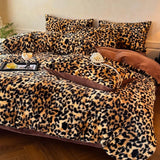 Yeknu  Thickened imitation rabbit hair carved milk fleece four-piece set winter coffee color warm fleece quilt set