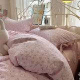 Yeknu  Small flower bow four piece set, soft and skin friendly cotton linen double bed duvet set, dormitory three piece set