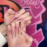Yeknu  24pcs Long Pointed Gradient Pink False Nails y2k Sliver Flame Printed Wearable Press On Nails Full Finished Acrylic Nail Tips