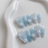 Yeknu  10 pieces of handmade coffin shaped nails, beautiful fake nails, light blue gradient nail art, three-dimensional white flowers,