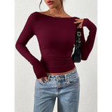 Yeknu  Spring Autumn Fashion Solid Slash Neck Basic T-shirt Women Clothing Casual All-match Long Sleeve Slim Pullover Office Lady Tops