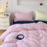 Yeknu  Ins Dopamine Korean Striped Washed Cotton Four-piece Bedding Set Cream Style Bed Sheet Quilt Cover Three-piece Set