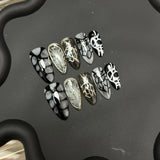 Yeknu  10pcs Handmade Almond Press on Nails Autumn Retro Brown Fake Nails Wearable Silver Butterfly Baroque Design Wearable False Nails