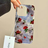 Yeknu  Retro Amber Texture Laser Phone Case For iPhone 11 12 13 14 15 16 Pro Max XS X XR 7 8 Plus 16E SE Flower Pattern Cover