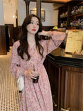 Yeknu  Spring Flower Floral Print Long Dress Women Pink Fashion Sweet Long Sleeve Ladies Dresses Loose Woman Dress