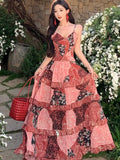 Yeknu  Holiday Seaside Lace Retro Floral Printed Dress Summer Sleeveless Backless Beach Suspender Dresses Women Casual Long Dress