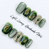 Yeknu  10pcs pure hand pressed short square nail art, beautiful fake nails, dark green glitter gradient, suitable for women to use