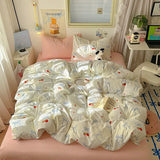 Yeknu INS Cartoon Pattern Bedding Set For adults kids Fluffy pink lovely Flat Sheet With Pillowcases Colorful King Queen Full size