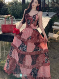 Yeknu  Holiday Seaside Lace Retro Floral Printed Dress Summer Sleeveless Backless Beach Suspender Dresses Women Casual Long Dress