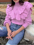 Yeknu  Knitted Autumn Pullover Sweater Women Turtleneck Ruffle Pleated Ladies Sweaters Top Long Sleeve Modis Korea Style Woman Top