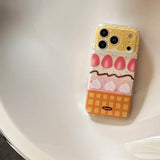 Yeknu  Cute cream strawberry cake yellow grid phone case for iPhone 14 15 16 17 Pro Max 13 17Air soft cases lens protective back cover