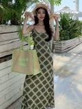Yeknu  Summer Green Plaid Suspender Dress Women Summer Sleeveless V-neck Sexy Hip-wrapped Long Dress