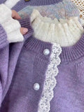 Yeknu  Women Purple Knit Cardigan Luxury Sweater Harajuku Vintage Korean Y2k Lace Patchwork Cashmere Sweater Jumper 2000s Clothes