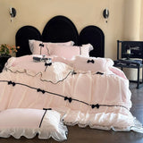 Yeknu  Romantic Lace Princess Black Bow Bedding Set Pink Korean Style Duvet/Comforter Cover Set Bed Sheet/Fitted Sheet Pillowcases 4Pcs