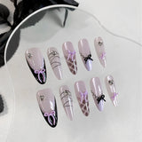 Yeknu  10PCS hand pressed almond shaped nails, beautiful fake nails, elegant light purple nail art, personalized bow, suitable for wome