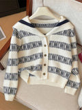 Yeknu  Women Striped Cardigan Cashmere Sweater Harajuku Korean Y2k Long Sleeves Sailor Collar Sweaters 90s Vintage 2000s Clothes Autumn