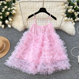 Yeknu  Summer French Vacation Suspender Dress Women Sleeveless Loose A-Line Solid Color Multi-layer Mesh Puffy Mini Dress