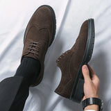 Yeknu  Large Size Abrasive Leather Brock Carved Business Dress Shoes for Men Round Head Lace-up Casual Shoes  New