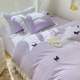 Yeknu  French Ins Princess Style Lace Four-piece Set Washed Cotton Embroidered Quilt Cover Set Bow Girly Heart Bed Sheet Three-piece