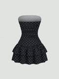 Yeknu  Sweetra New Winter French Fashion Polka Dot Lace Ruffle Bow Design Office Commute Casual Cute Sweet Style Strapless Bodycon Cinc
