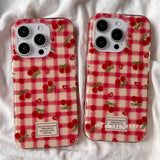 Yeknu Cute Korean Girl Heart Cherry Phone Case for iPhone 15 16 promax 11 12 13 Pro Mini X XS 7 8 Plus Silicone Grid Pattern Cover Y2k