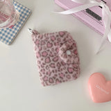 Yeknu  New Girl's Furry Leopard Print Coin Purse,Snap on Card Bag,Key Earphone Storage Bag,Cute Pendant Small Wallet