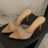 Yeknu  New Summer Pointed Toe Mesh Rhinestone Slippers Woman Elegant Mules Stiletto Heels Sandal Mujer