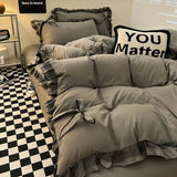 Ins Princess Style Ruffle Trim Duvet Cover Set - Washed Cotton Korean-Style Minimalist Sheet 4-Piece/3-Piece Bedding for Girls
