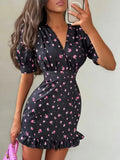 Yeknu  Floral Print Women's Casual Dress V-neck Puff Sleeve Waistband Ruffle Hem Female Mini Dresses Summer Party Vacation Gown