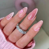 Yeknu  24Pcs Almond Cat-Eye Press-On Nails in Blush Pink Reusable&Wearable Elegant 3D Floral French Tips for Women&Girls’Daily Wear